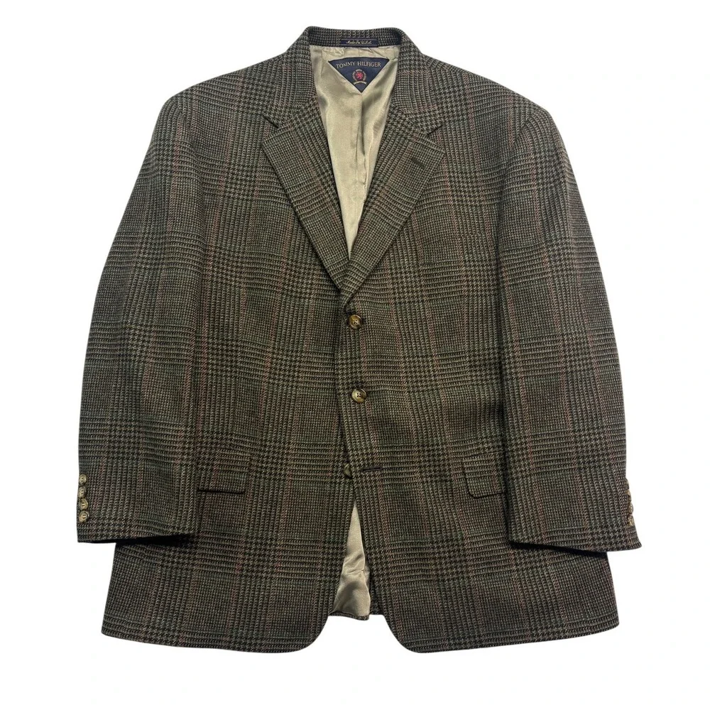 vtg Tommy Hilfiger 46S Olive Green Plaid Tweed Blazer Jacket Sport Coat USA Wool